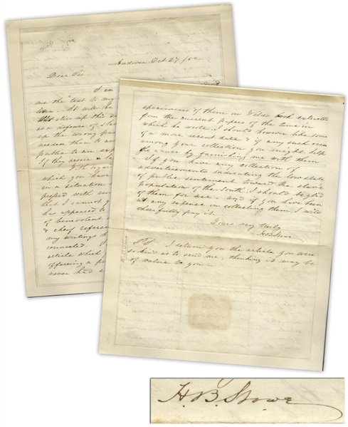 Superb Harriet Beecher Stowe Autograph Letter Signed Regarding Slavery -- ...Nothing more is needed than to awaken the attention of the public to an expose of the slave law system...